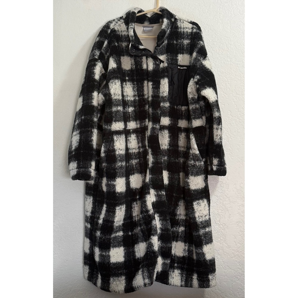 Columbia Panorama Long Jacket Sherpa Fleece Plaid Coat Black White Women 3x